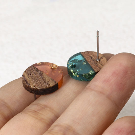 Imagen de 10 Unidades Resina de Efecto Madera Pendientes Ronda Multicolor Con Lazo 14mm Dia, Post/ Wire: (21 gauge)