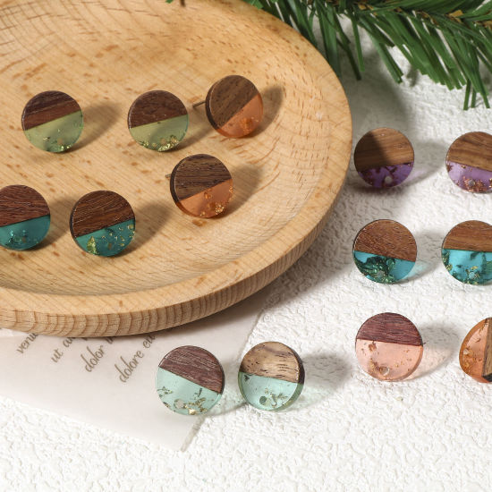 Imagen de 10 Unidades Resina de Efecto Madera Pendientes Ronda Multicolor Con Lazo 14mm Dia, Post/ Wire: (21 gauge)