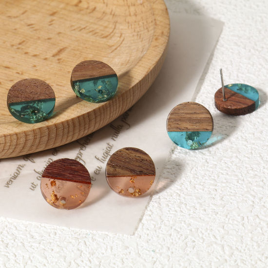 Imagen de 10 Unidades Resina de Efecto Madera Pendientes Ronda Multicolor Con Lazo 14mm Dia, Post/ Wire: (21 gauge)