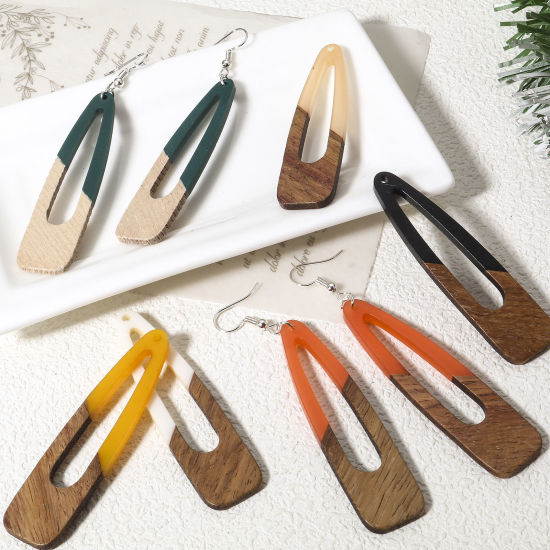 Bild von 2 Stück Natürliches Holz-Effekt Harz Anhänger Bunt Tropfen 6.7cm x 1.7cm