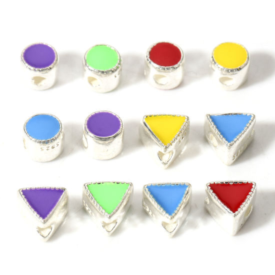 Picture of Sterling Silver Spacer Beads For DIY Jewelry Making Geometric Silver Color Double-sided Enamel