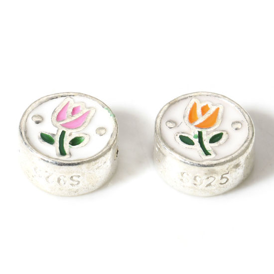 Image de 1 Pièce Perles pour DIY Fabrication de Bijoux de Charme d'Entretoise en Argent Pur Rond Argent Tulipe Émail Double Face 6mm Dia.