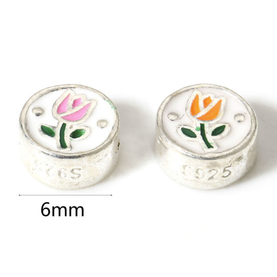 Image de 1 Pièce Perles pour DIY Fabrication de Bijoux de Charme d'Entretoise en Argent Pur Rond Argent Tulipe Émail Double Face 6mm Dia.