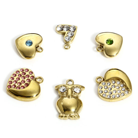 Immagine di 1 Pz 304 Acciaio Inossidabile San Valentino Charms Cuore Oro Placcato Multicolore Strass