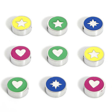 1 Pièce Perles pour DIY Fabrication de Bijoux en 304 Acier Inoxydable Élégant Rond Argent Mat Multicolore Cœur Émail