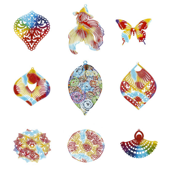 Picture of Iron Based Alloy Filigree Stamping Pendants Multicolor Painted