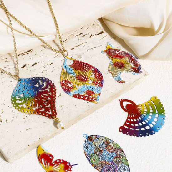 Picture of Iron Based Alloy Filigree Stamping Pendants Multicolor Painted