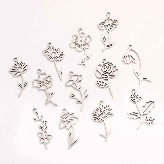 Bild von 1 Stück 304 Edelstahl Geburtsmonat Blume Charms Hohl 10mm x 20mm