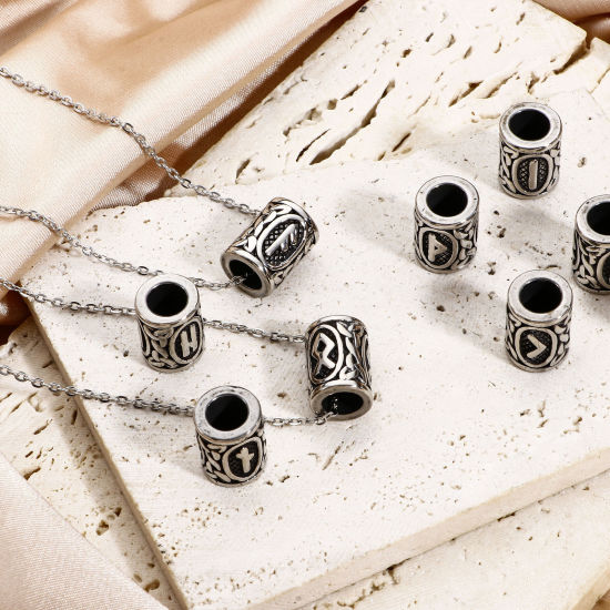 Bild von 1 Stück 304 Edelstahl Religiös Perlen für die Herstellung von DIY-Charme-Schmuck Zylinder Antiksilber Griechisches Alphabet 13mm x 10mm