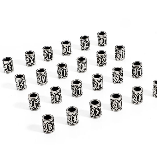 Picture of 304 Stainless Steel Religious Beads For DIY Charm Jewelry Making Cylinder Antique Silver Color Greek Alphabet 13mm x 10mm