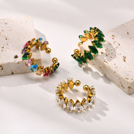 Immagine di 1 Pz Placcatura Sottovuoto Ecologica Squisito Elegante 18K Vero Oro Placcato 304 Acciaio Inossidabile & Zircone Cubico Aperto Regolabile Olive Anello Per Donne Festa