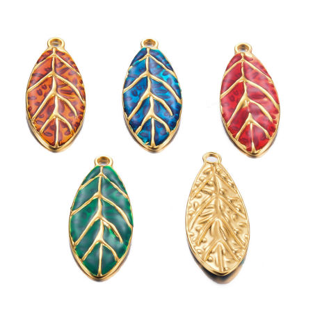304 Stainless Steel Retro Pendants Gold Plated Multicolor Leaf Enamel