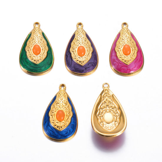 Image de 1 Pièce Pendentifs en 304 Acier Inoxydable Rétro Goutte d'Eau Doré Multicolore Ovale Émail