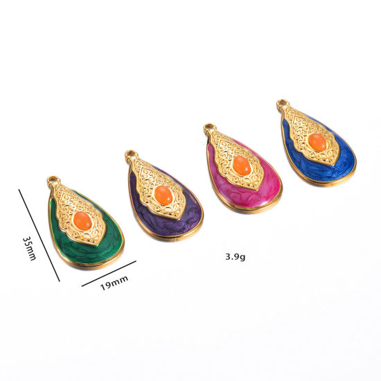 Image de 1 Pièce Pendentifs en 304 Acier Inoxydable Rétro Goutte d'Eau Doré Multicolore Ovale Émail
