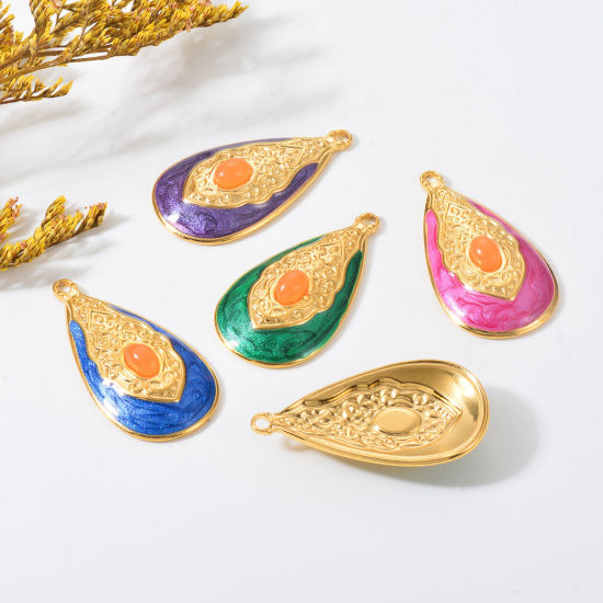 Image de 1 Pièce Pendentifs en 304 Acier Inoxydable Rétro Goutte d'Eau Doré Multicolore Ovale Émail