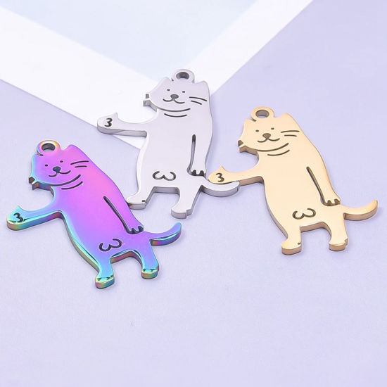 Immagine di 2 Pz 304 Acciaio Inossidabile Charms Gatto Filigrana 3.5cm x 2.6cm