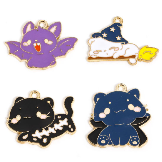 Picture of Zinc Based Alloy Halloween Charms Gold Plated Cat Animal Enamel