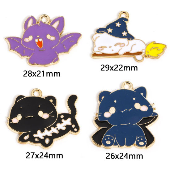 Picture of Zinc Based Alloy Halloween Charms Gold Plated Cat Animal Enamel