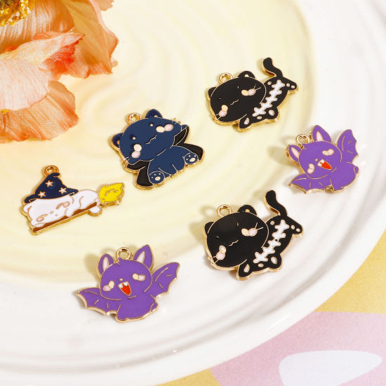 Picture of Zinc Based Alloy Halloween Charms Gold Plated Cat Animal Enamel