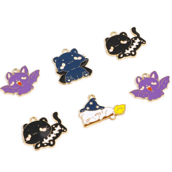 Picture of Zinc Based Alloy Halloween Charms Gold Plated Cat Animal Enamel