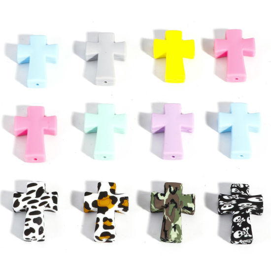 Picture of Silicone Religious Beads For DIY Jewelry Making Cross Multicolor About 3.5cm x 2.5cm