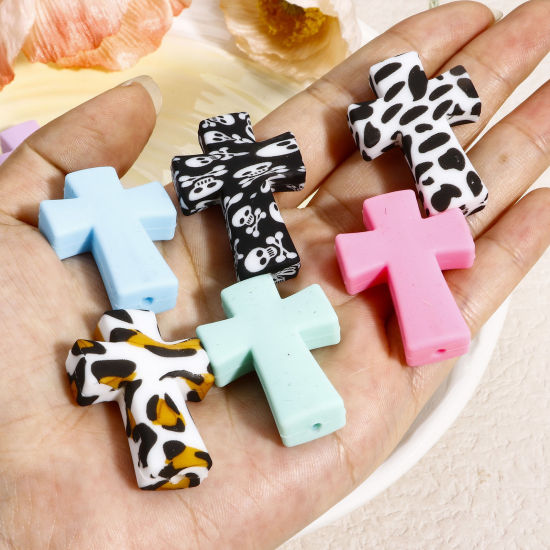 Picture of Silicone Religious Beads For DIY Jewelry Making Cross Multicolor About 3.5cm x 2.5cm