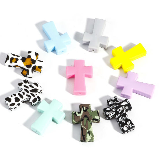 Picture of Silicone Religious Beads For DIY Jewelry Making Cross Multicolor About 3.5cm x 2.5cm