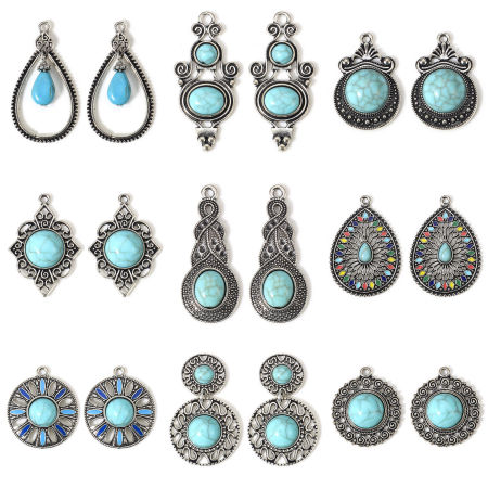 Zinc Based Alloy Boho Chic Bohemia Charms Antique Silver Color Green Blue With Resin Cabochons Imitation Turquoise