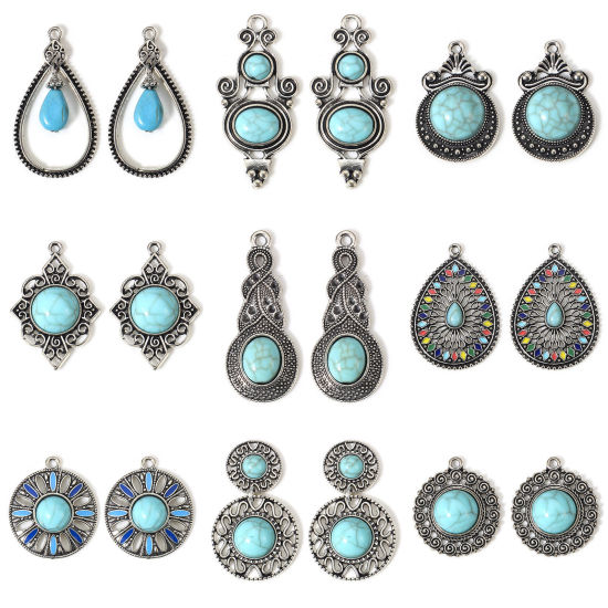 Picture of Zinc Based Alloy Boho Chic Bohemia Charms Antique Silver Color Green Blue With Resin Cabochons Imitation Turquoise