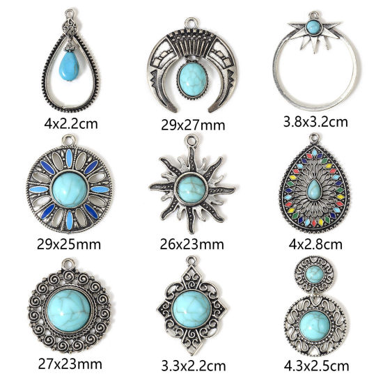 Picture of Zinc Based Alloy Boho Chic Bohemia Charms Antique Silver Color Green Blue With Resin Cabochons Imitation Turquoise