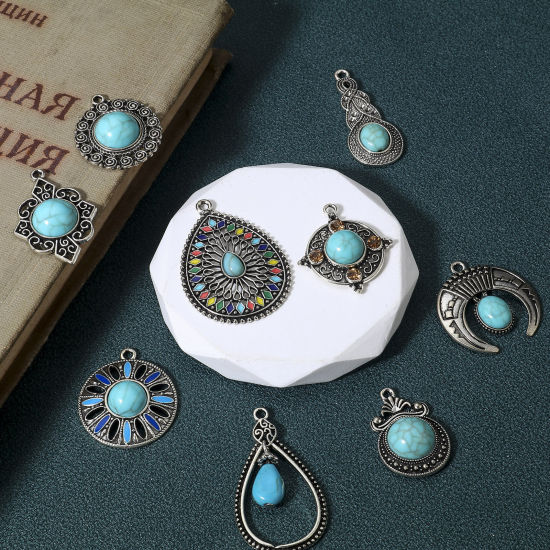 Picture of Zinc Based Alloy Boho Chic Bohemia Charms Antique Silver Color Green Blue With Resin Cabochons Imitation Turquoise