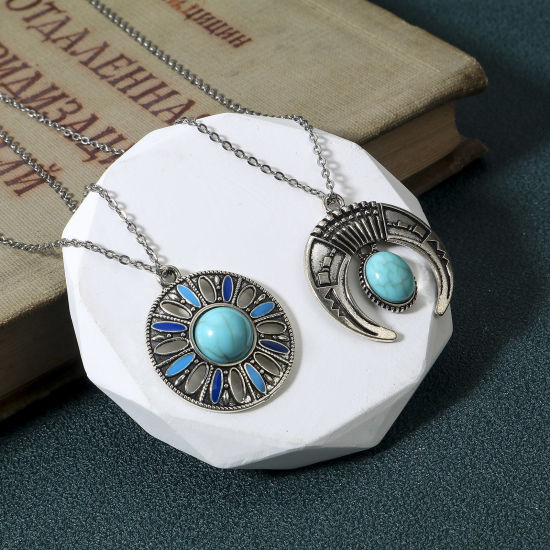 Picture of Zinc Based Alloy Boho Chic Bohemia Charms Antique Silver Color Green Blue With Resin Cabochons Imitation Turquoise