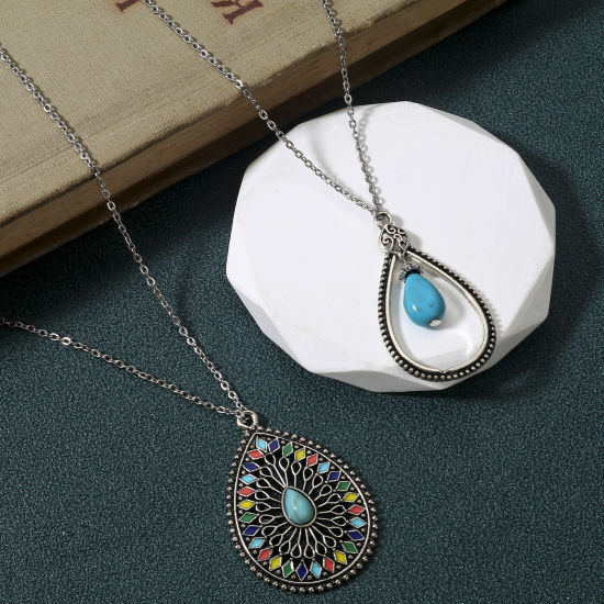 Picture of Zinc Based Alloy Boho Chic Bohemia Charms Antique Silver Color Green Blue With Resin Cabochons Imitation Turquoise