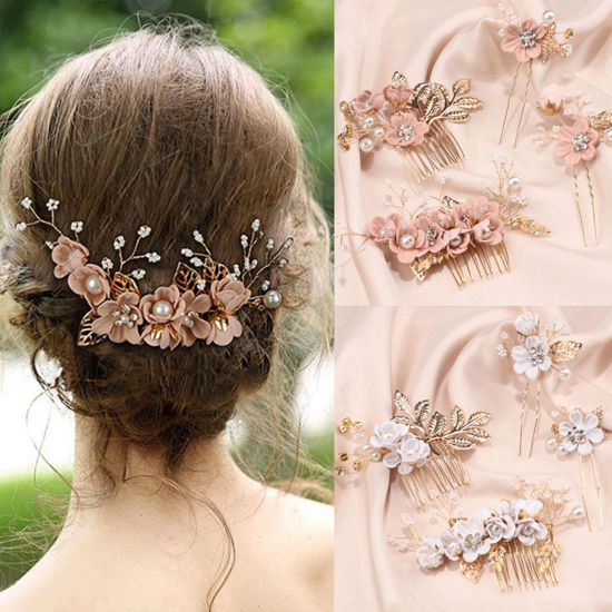 Picture of Fabric Wedding Updo Tuck Comb Gold Plated Multicolor Flower Imitation Pearl