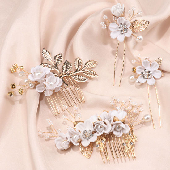 Picture of Fabric Wedding Updo Tuck Comb Gold Plated Multicolor Flower Imitation Pearl