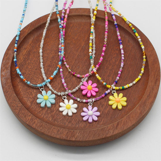 Picture of Lampwork Glass Pastoral Style Pendant Necklace Multicolor Daisy Flower Beaded