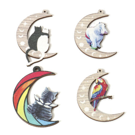 Picture of Natural Wood Galaxy Pendants Multicolor Half Moon 4.3cm x 3.5cm