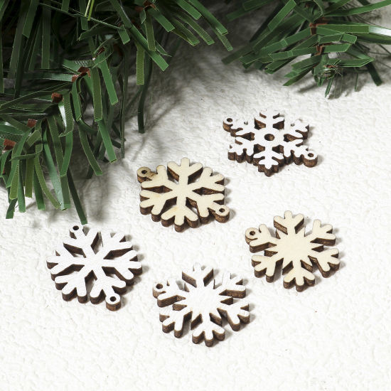 Picture of Wood Christmas Connectors Charms Pendants White Christmas Snowflake Painted