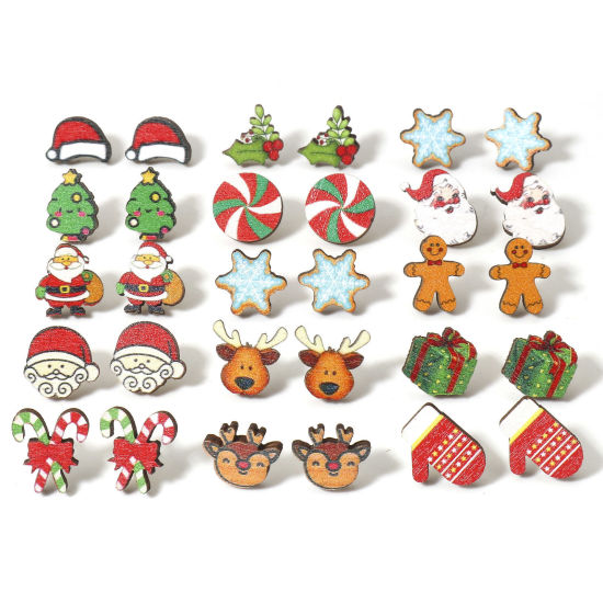 Picture of Wood Ear Post Stud Earrings Multicolor Christmas Santa Claus Snowflake