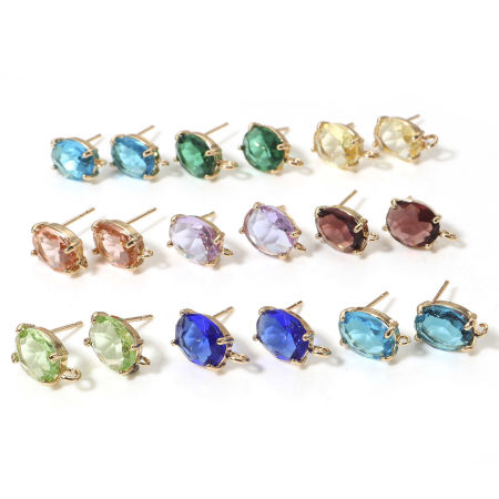 2 Pcs Boucles d'Oreilles Puces en Laiton+Verre Doré Ovale à Strass Coloré avec Boucle Epaisseur de Fil: (21 gauge)