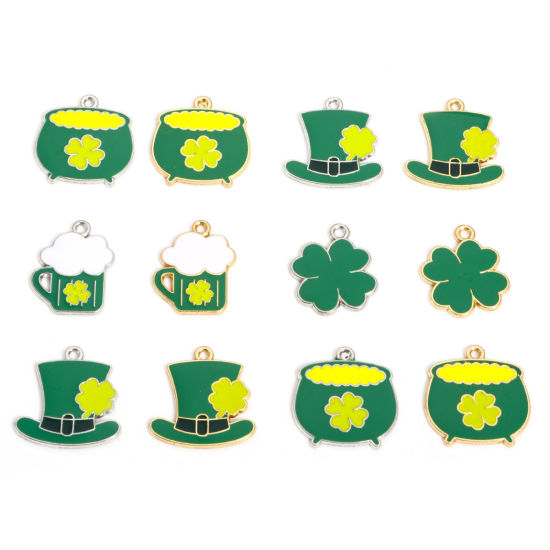 Image de 10 Pcs Breloques Fête de la St Patrick en Alliage de Zinc Argent Mat Blanc & Vert Émail