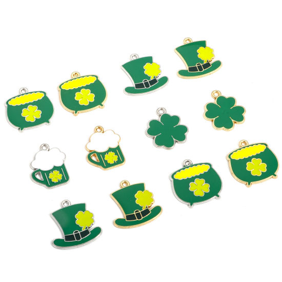 Image de 10 Pcs Breloques Fête de la St Patrick en Alliage de Zinc Argent Mat Blanc & Vert Émail