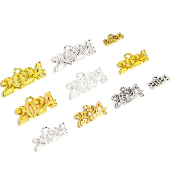 Image de 20 Pcs Pendentifs Année en Alliage de Zinc Multicolore Mots " 2024 "