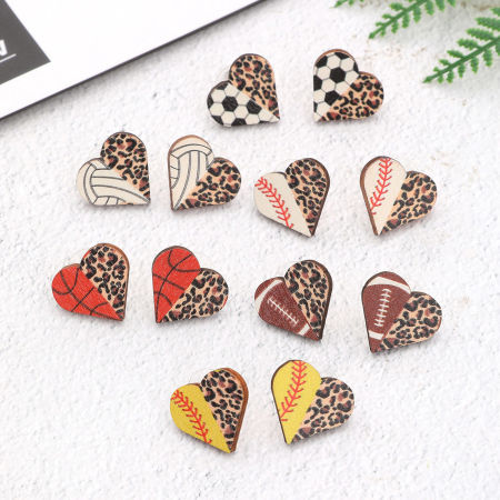 Natural Wood Sport Ear Post Stud Earrings Multicolor Heart Leopard Print