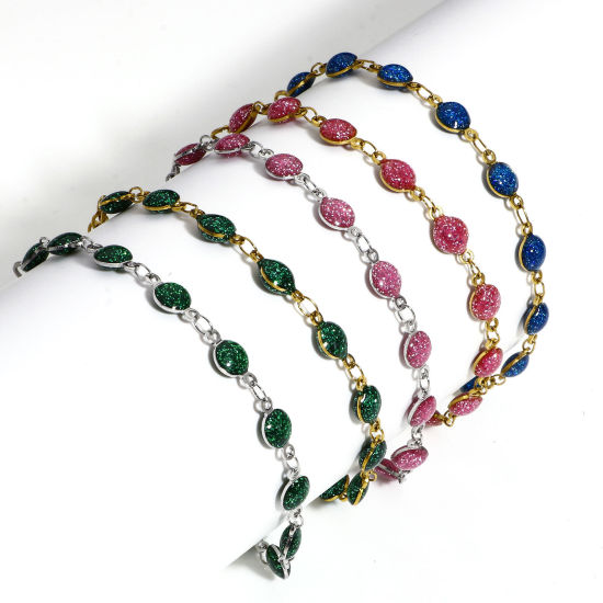 Immagine di 1 Pz 304 Acciaio Inossidabile Catena a Maglia Fatta a Mano Braccialetti Tono Argento Tondo Smalto a Doppia Faccia 17cm Lunghezza