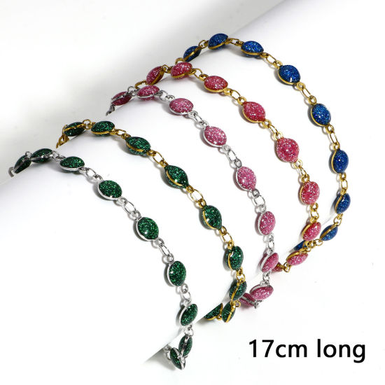 Immagine di 1 Pz 304 Acciaio Inossidabile Catena a Maglia Fatta a Mano Braccialetti Tono Argento Tondo Smalto a Doppia Faccia 17cm Lunghezza