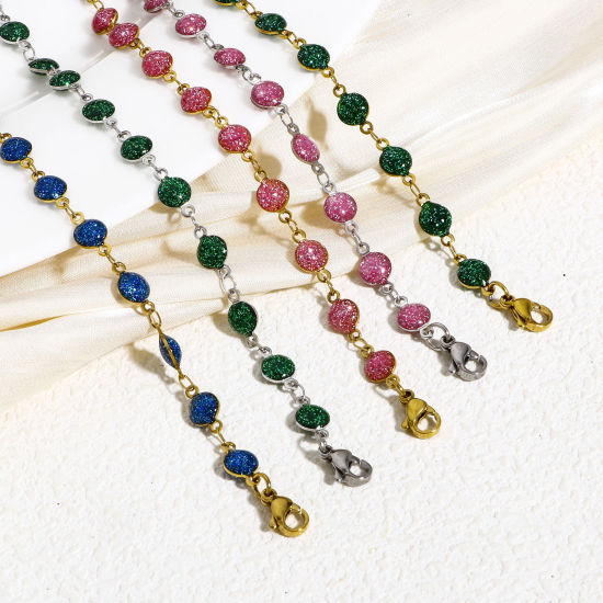 Immagine di 1 Pz 304 Acciaio Inossidabile Catena a Maglia Fatta a Mano Braccialetti Tono Argento Tondo Smalto a Doppia Faccia 17cm Lunghezza