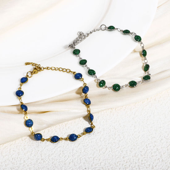 Immagine di 1 Pz 304 Acciaio Inossidabile Catena a Maglia Fatta a Mano Braccialetti Tono Argento Tondo Smalto a Doppia Faccia 17cm Lunghezza