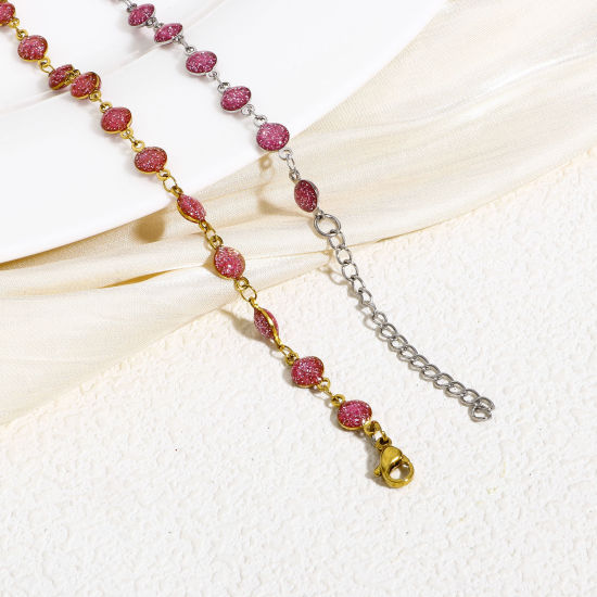 Immagine di 1 Pz 304 Acciaio Inossidabile Catena a Maglia Fatta a Mano Braccialetti Tono Argento Tondo Smalto a Doppia Faccia 17cm Lunghezza