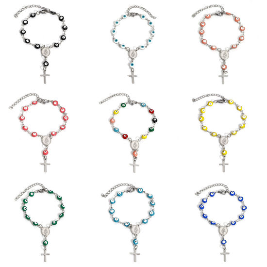 Picture of 304 Stainless Steel Religious Handmade Link Chain Bracelets Silver Tone Evil Eye Cross Double-sided Enamel 15cm(5 7/8") long